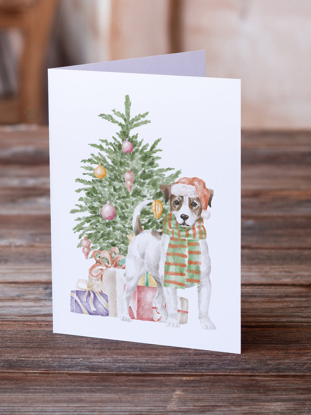Jack Russell Terrier Smooth Christmas Presents and Tree Greeting Cards Pack of 8 Blank Cards with Envelopes Whimsical A7 Size 5x7