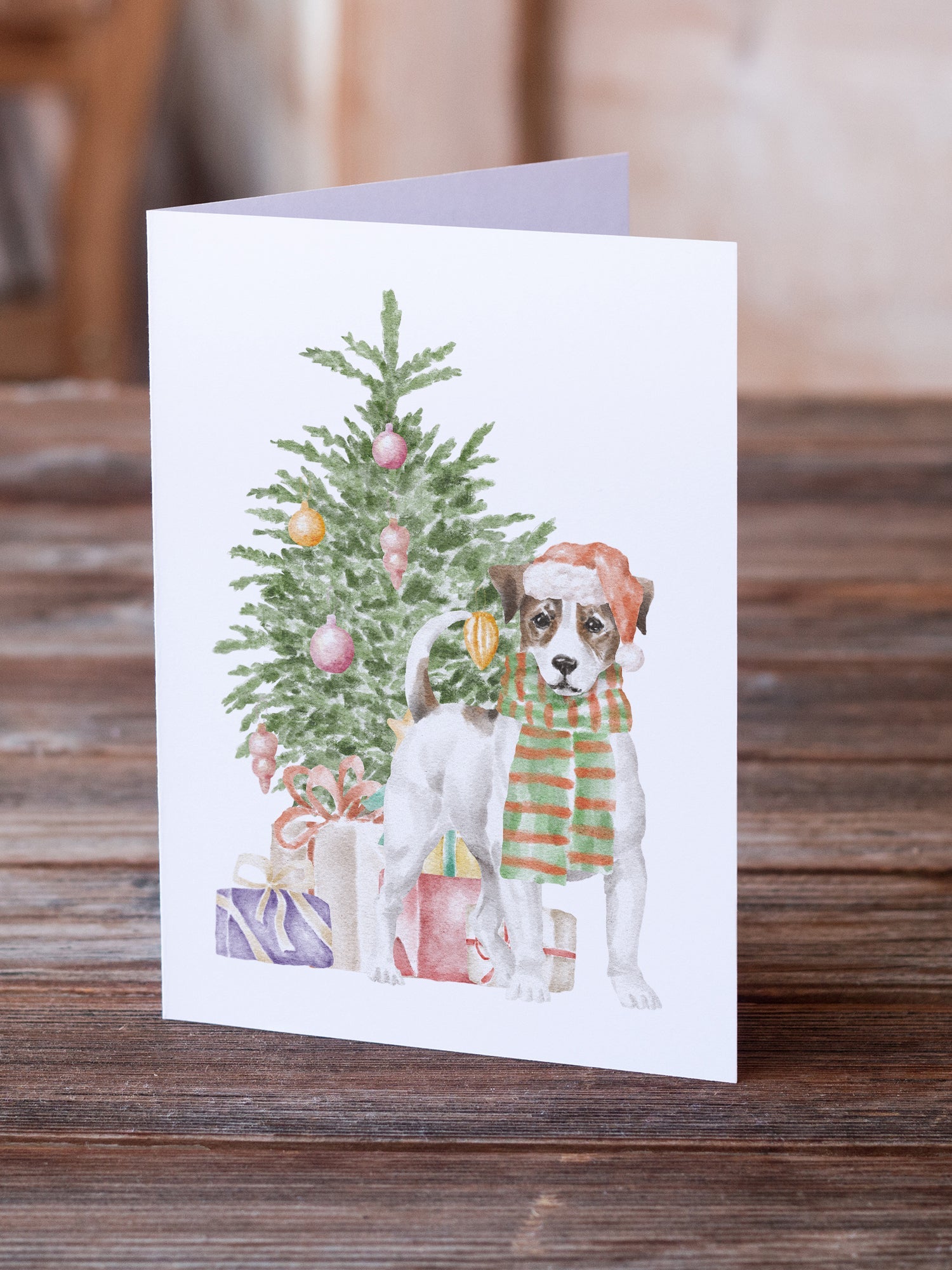 Jack Russell Terrier Smooth Christmas Presents and Tree Greeting Cards Pack of 8 Blank Cards with Envelopes Whimsical A7 Size 5x7