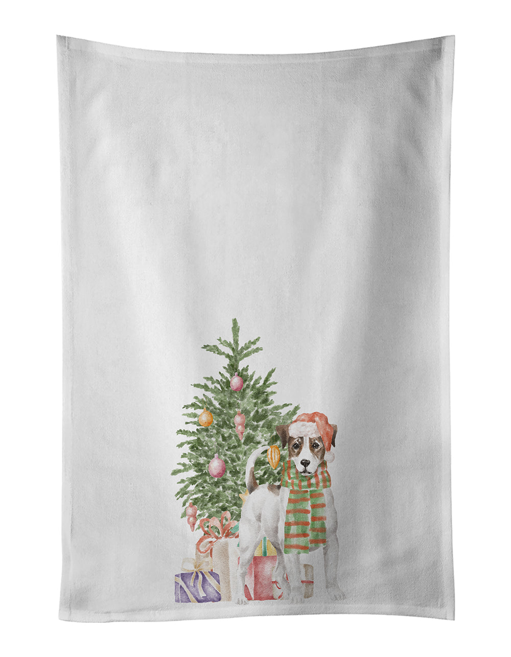 Jack Russell Terrier Smooth Christmas Presents and Tree Kitchen Towel Set of 2 White Dish Towels Decorative Bathroom Hand towel for Hand, Face, Hair, Yoga, Tea, Dishcloth, 19 X 28", White