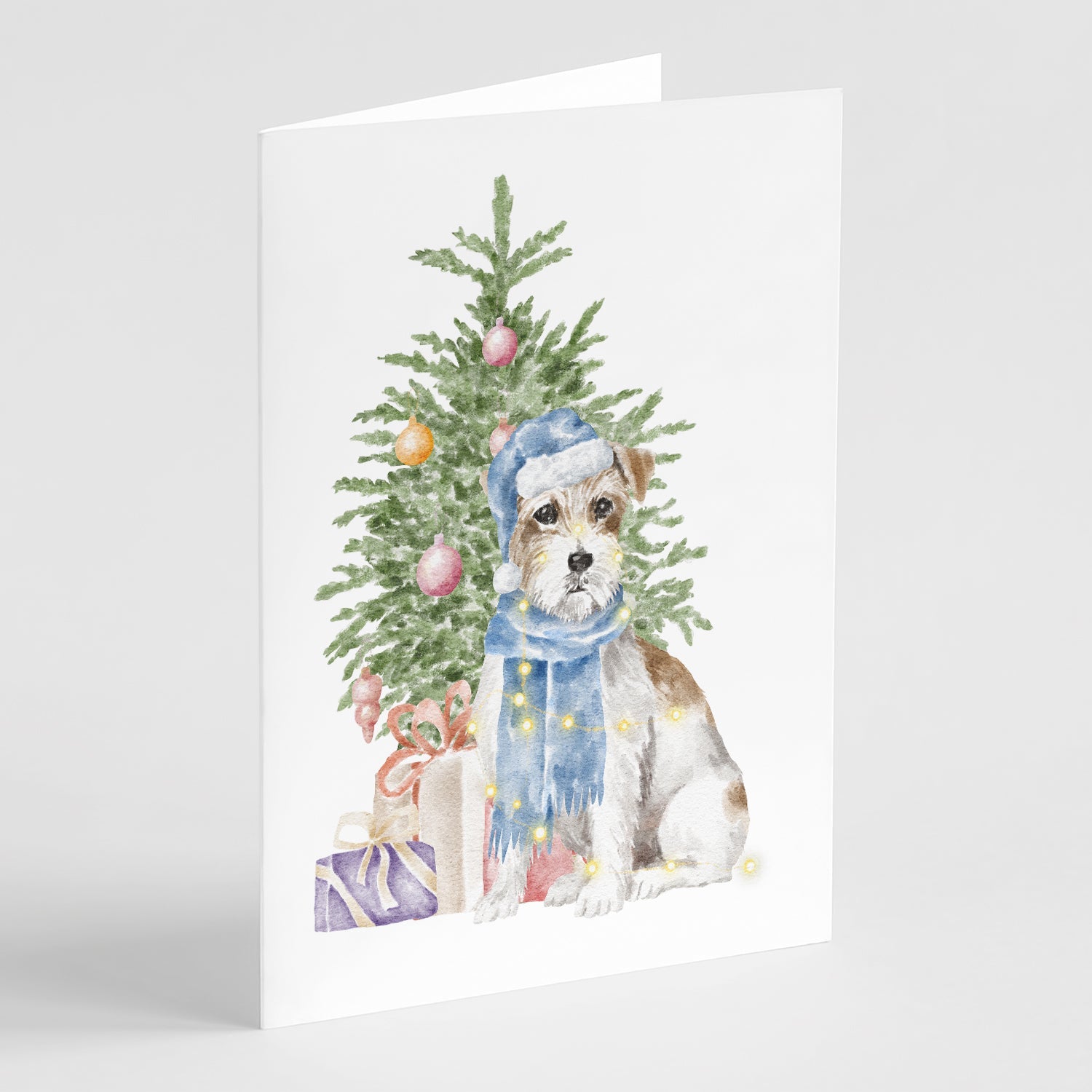 Jack Russell Terrier Wire Christmas Presents and Tree Greeting Cards Pack of 8 Blank Cards with Envelopes Whimsical A7 Size 5x7