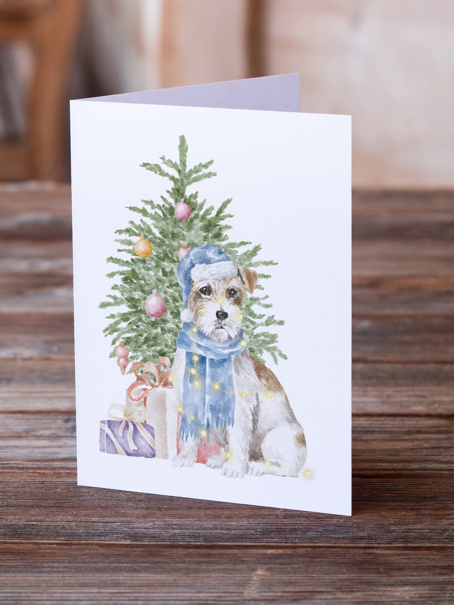 Jack Russell Terrier Wire Christmas Presents and Tree Greeting Cards Pack of 8 Blank Cards with Envelopes Whimsical A7 Size 5x7
