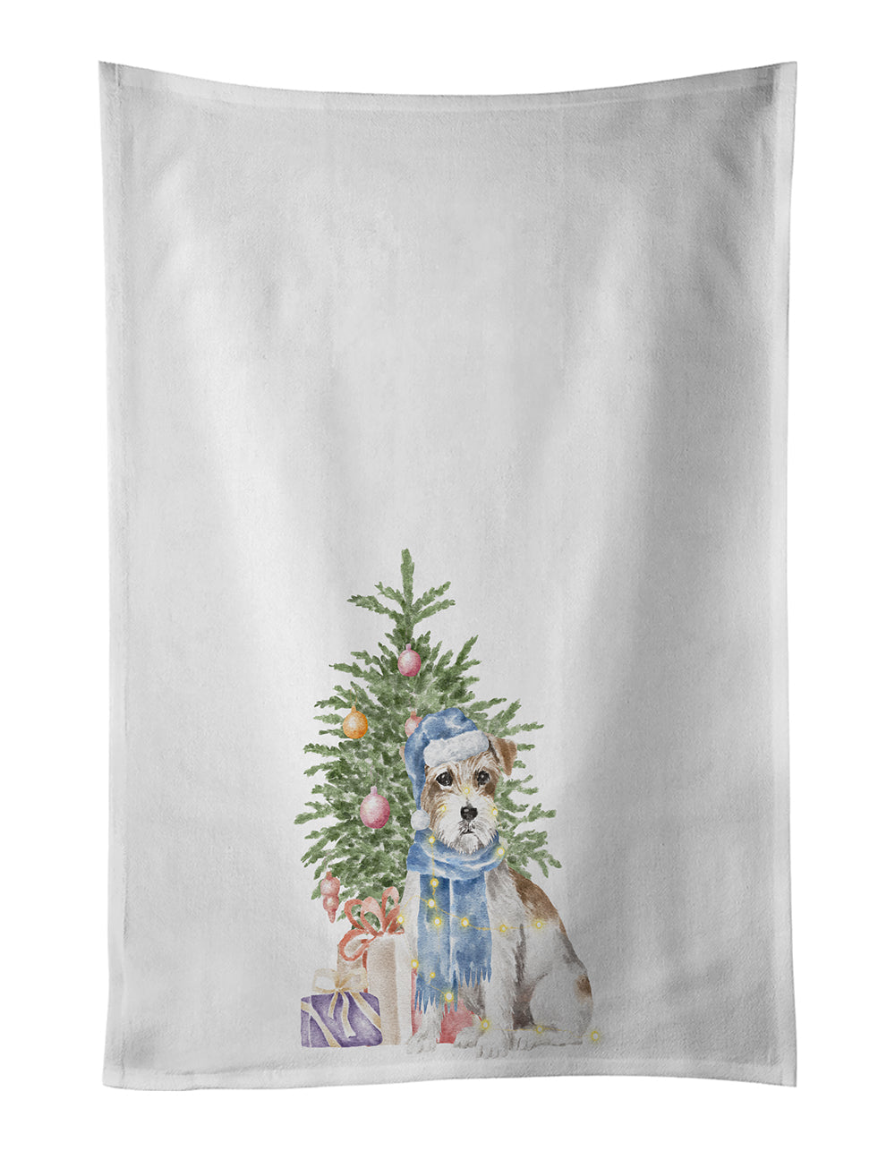 Jack Russell Terrier Wire Christmas Presents and Tree Kitchen Towel Set of 2 White Dish Towels Decorative Bathroom Hand towel for Hand, Face, Hair, Yoga, Tea, Dishcloth, 19 X 28", White
