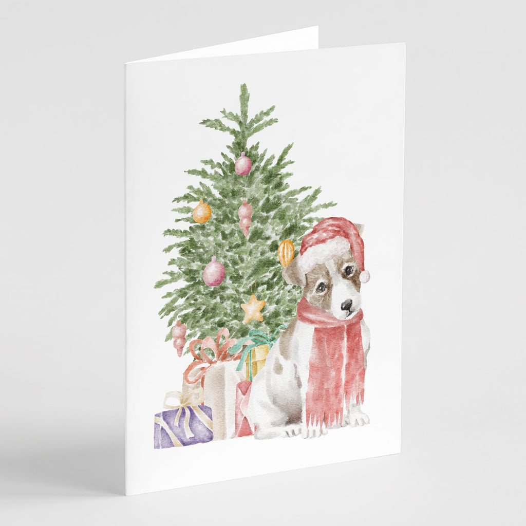 Jack Russell Terrier Smooth Puppy Christmas Presents and Tree Greeting Cards Pack of 8 Blank Cards with Envelopes Whimsical A7 Size 5x7