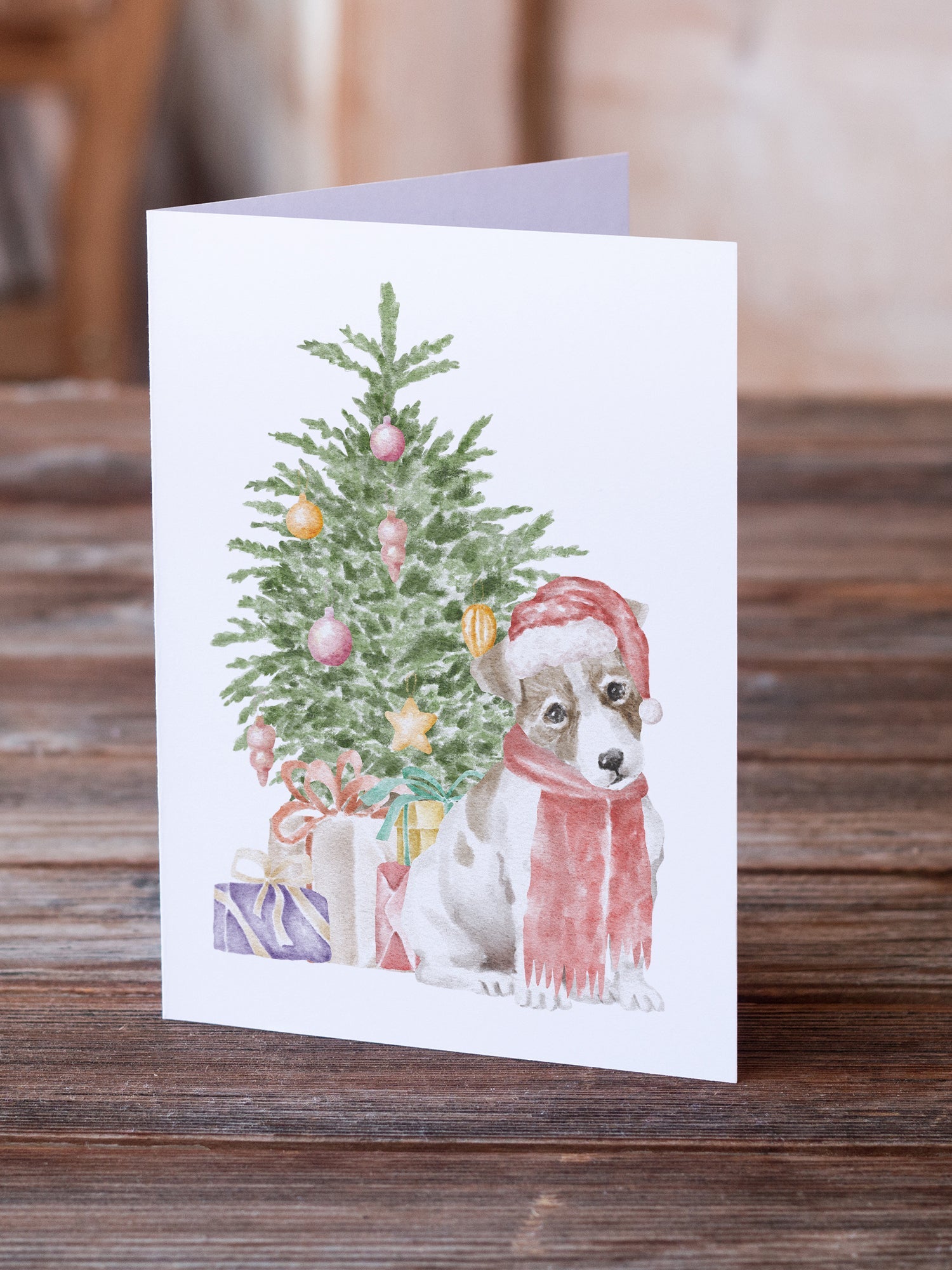 Jack Russell Terrier Smooth Puppy Christmas Presents and Tree Greeting Cards Pack of 8 Blank Cards with Envelopes Whimsical A7 Size 5x7