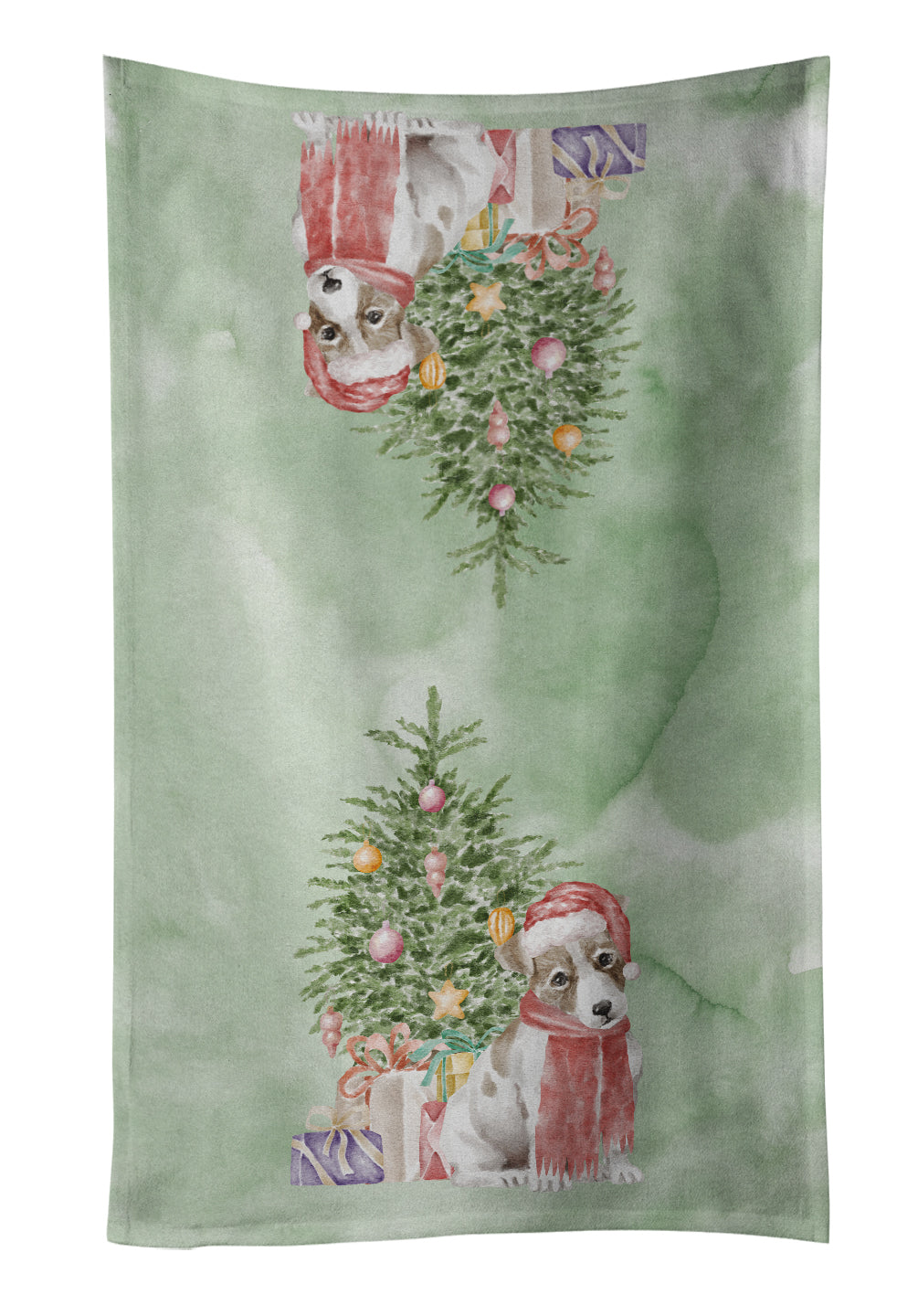 Jack Russell Terrier Smooth Puppy Christmas Presents and Tree Kitchen Towel Velour Plush Front and Cotton Loop Back Machine Washable