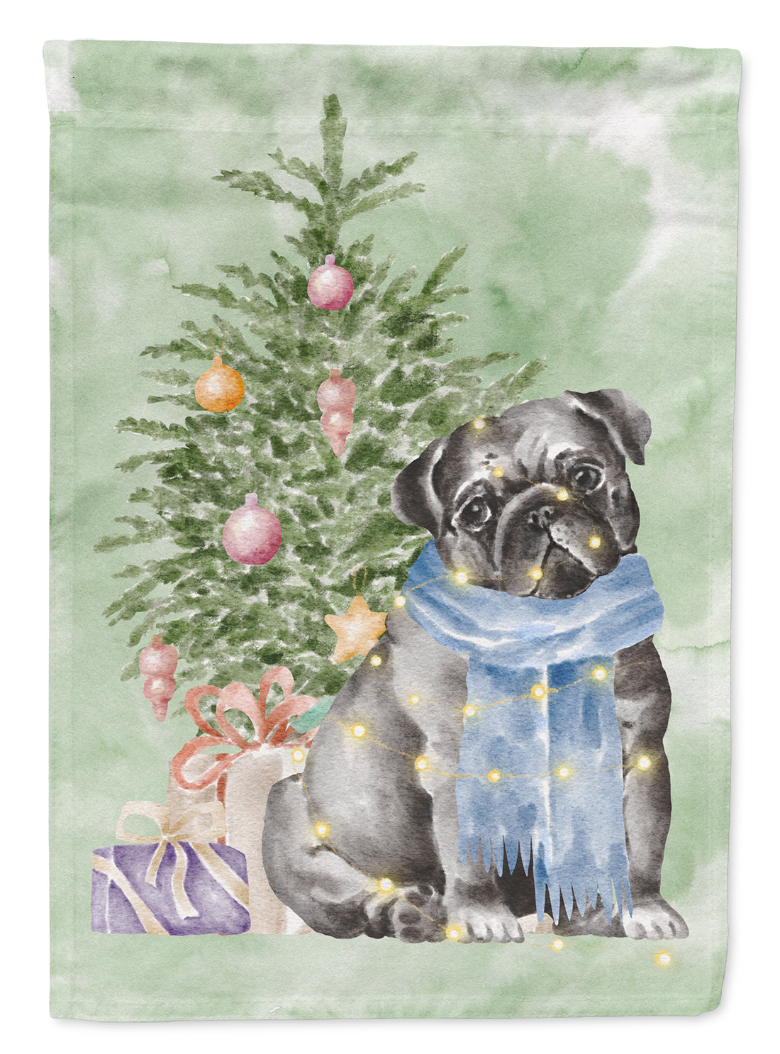Pug Black Christmas Presents and Tree House Flag 28x40 Porch Sleeve Pole Decorative Outside Yard Banner Artwork Wall Hanging, Polyester