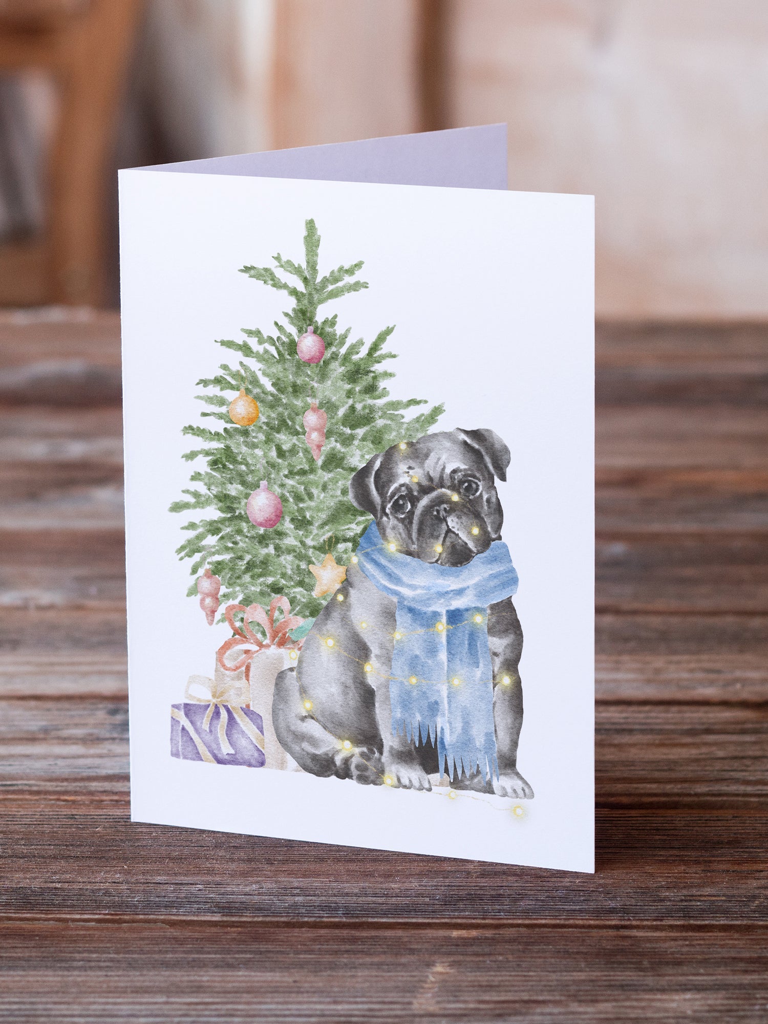 Pug Black Christmas Presents and Tree Greeting Cards Pack of 8 Blank Cards with Envelopes Whimsical A7 Size 5x7