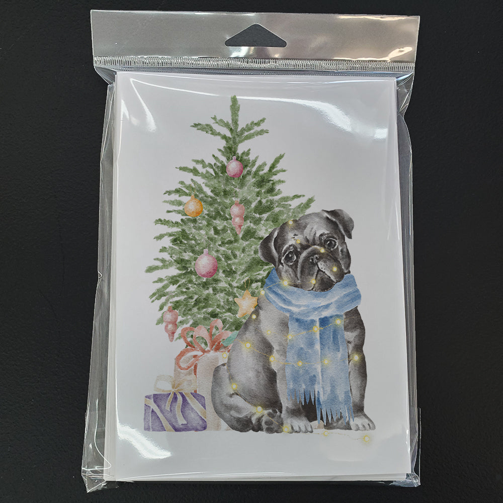 Pug Black Christmas Presents and Tree Greeting Cards Pack of 8 Blank Cards with Envelopes Whimsical A7 Size 5x7