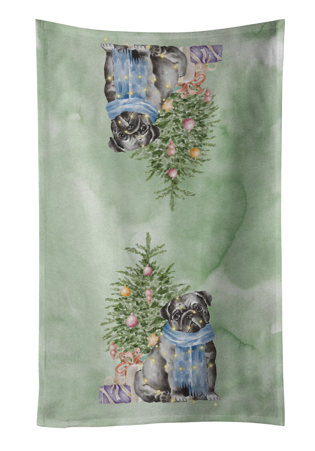 Pug Black Christmas Presents and Tree Kitchen Towel Velour Plush Front and Cotton Loop Back Machine Washable