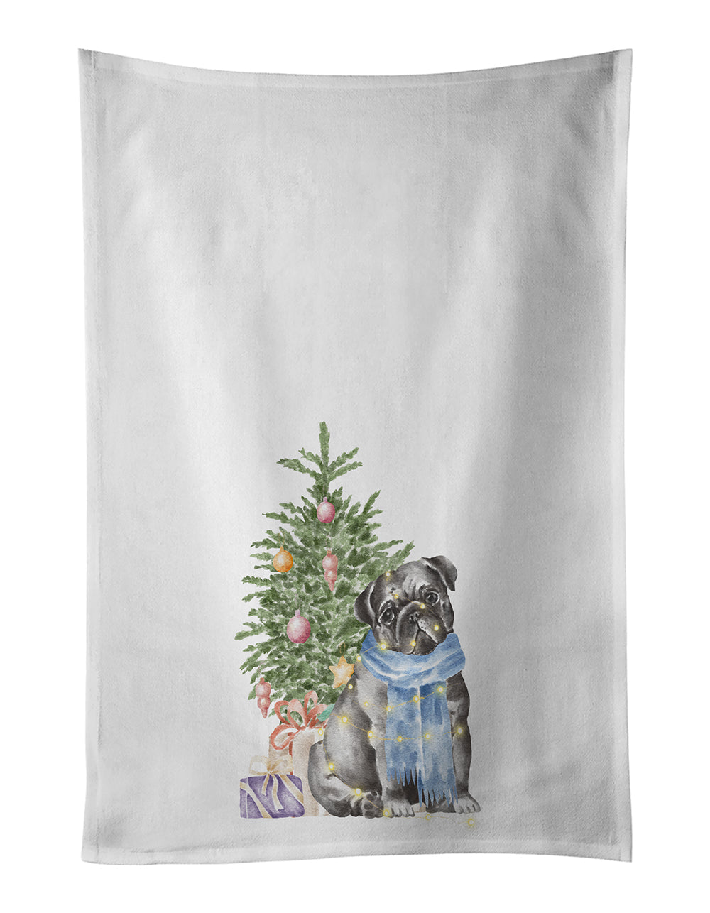 Pug Black Christmas Presents and Tree Kitchen Towel Set of 2 White Dish Towels Decorative Bathroom Hand towel for Hand, Face, Hair, Yoga, Tea, Dishcloth, 19 X 28", White
