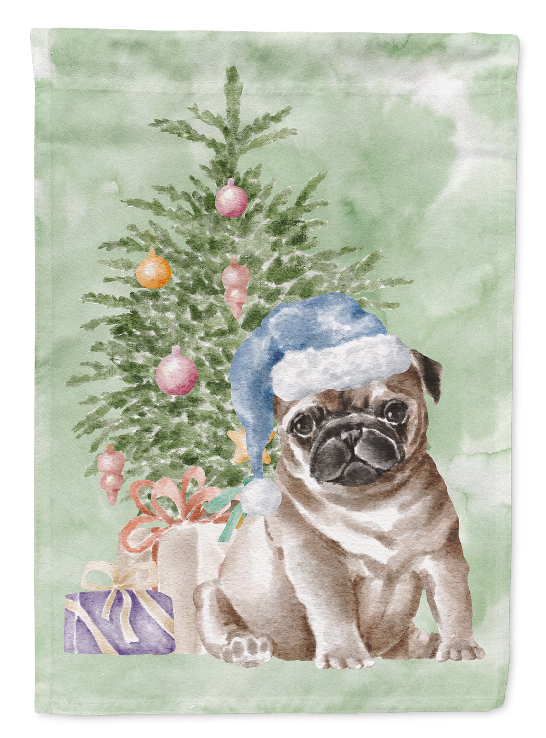 Pug Fawn Puppy Christmas Presents and Tree House Flag 28x40 Porch Sleeve Pole Decorative Outside Yard Banner Artwork Wall Hanging, Polyester