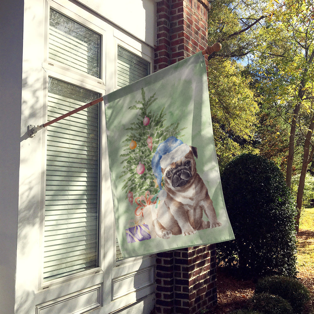 Pug Fawn Puppy Christmas Presents and Tree House Flag 28x40 Porch Sleeve Pole Decorative Outside Yard Banner Artwork Wall Hanging, Polyester