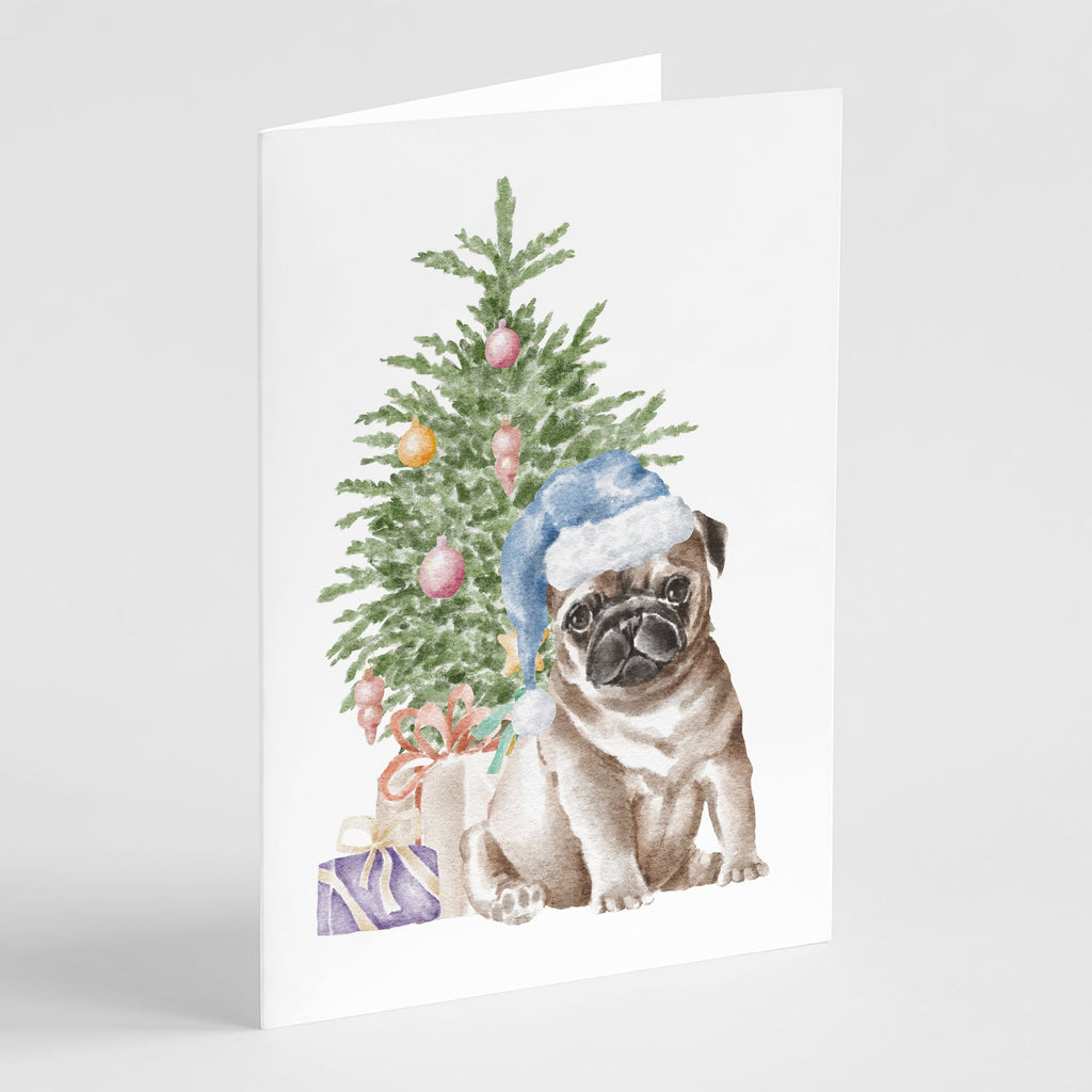 Pug Fawn Puppy Christmas Presents and Tree Greeting Cards Pack of 8 Blank Cards with Envelopes Whimsical A7 Size 5x7