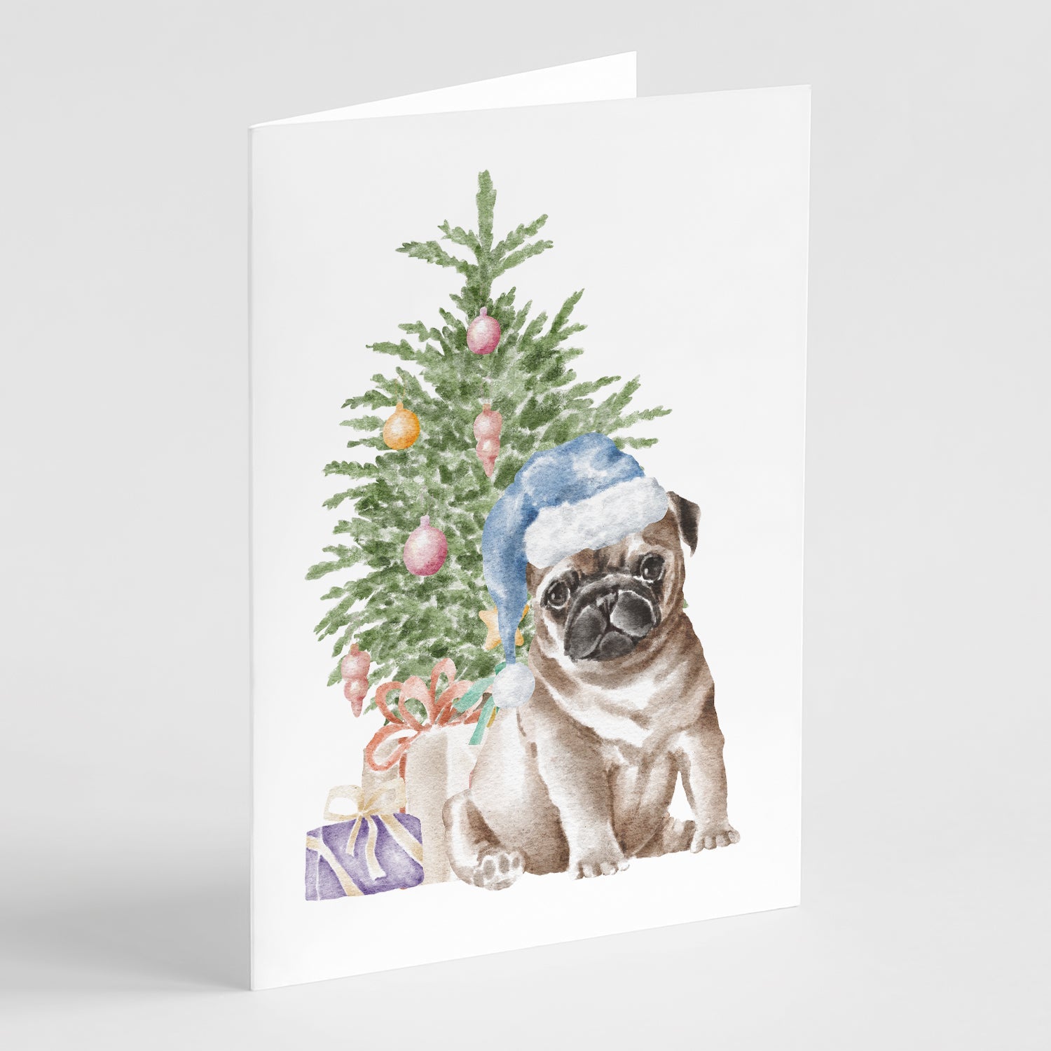Pug Fawn Puppy Christmas Presents and Tree Greeting Cards Pack of 8 Blank Cards with Envelopes Whimsical A7 Size 5x7