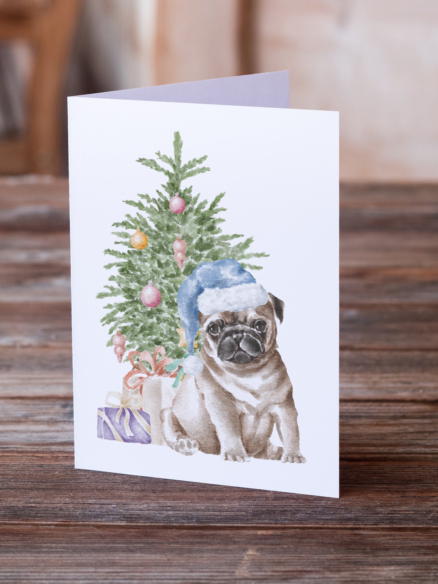 Pug Fawn Puppy Christmas Presents and Tree Greeting Cards Pack of 8 Blank Cards with Envelopes Whimsical A7 Size 5x7