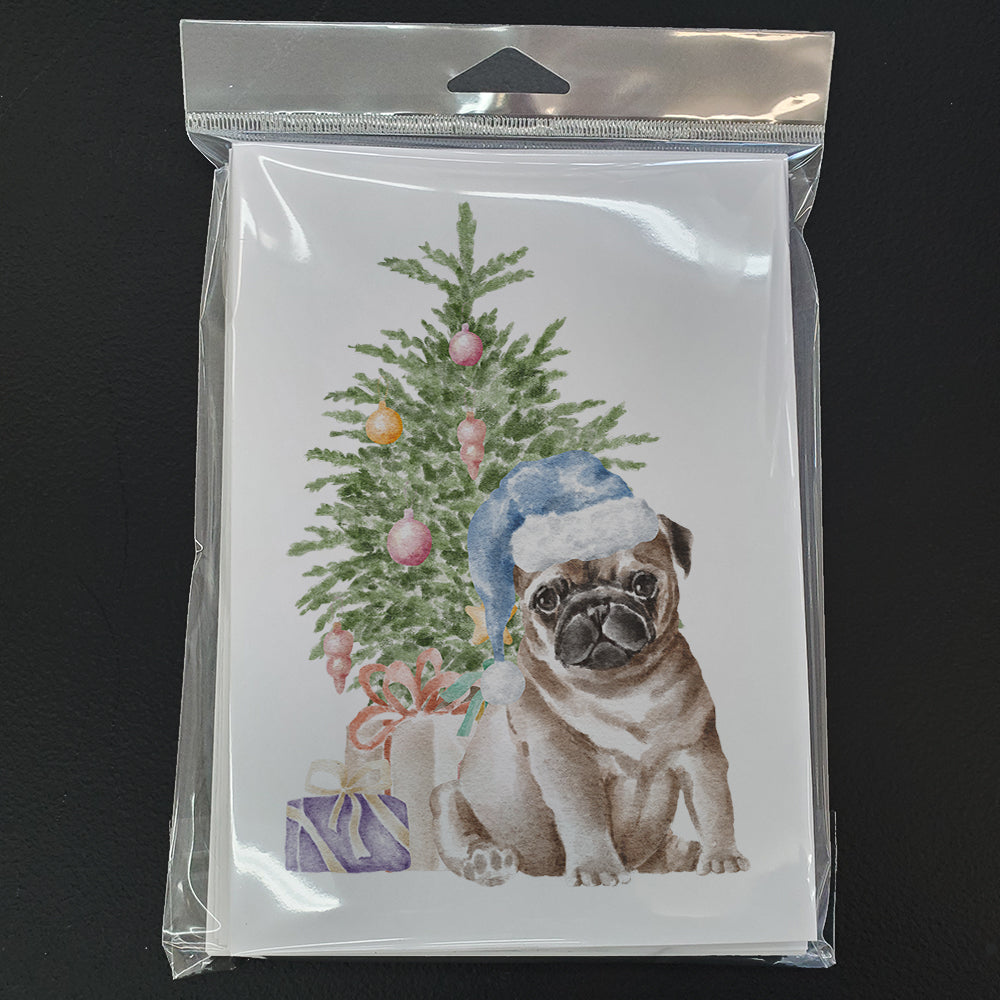 Pug Fawn Puppy Christmas Presents and Tree Greeting Cards Pack of 8 Blank Cards with Envelopes Whimsical A7 Size 5x7