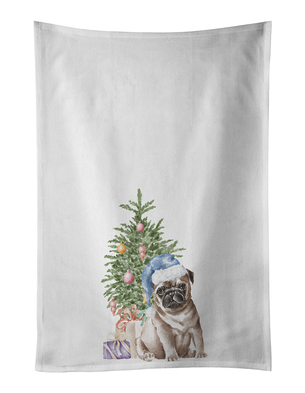 Pug Fawn Puppy Christmas Presents and Tree Kitchen Towel Set of 2 White Dish Towels Decorative Bathroom Hand towel for Hand, Face, Hair, Yoga, Tea, Dishcloth, 19 X 28", White