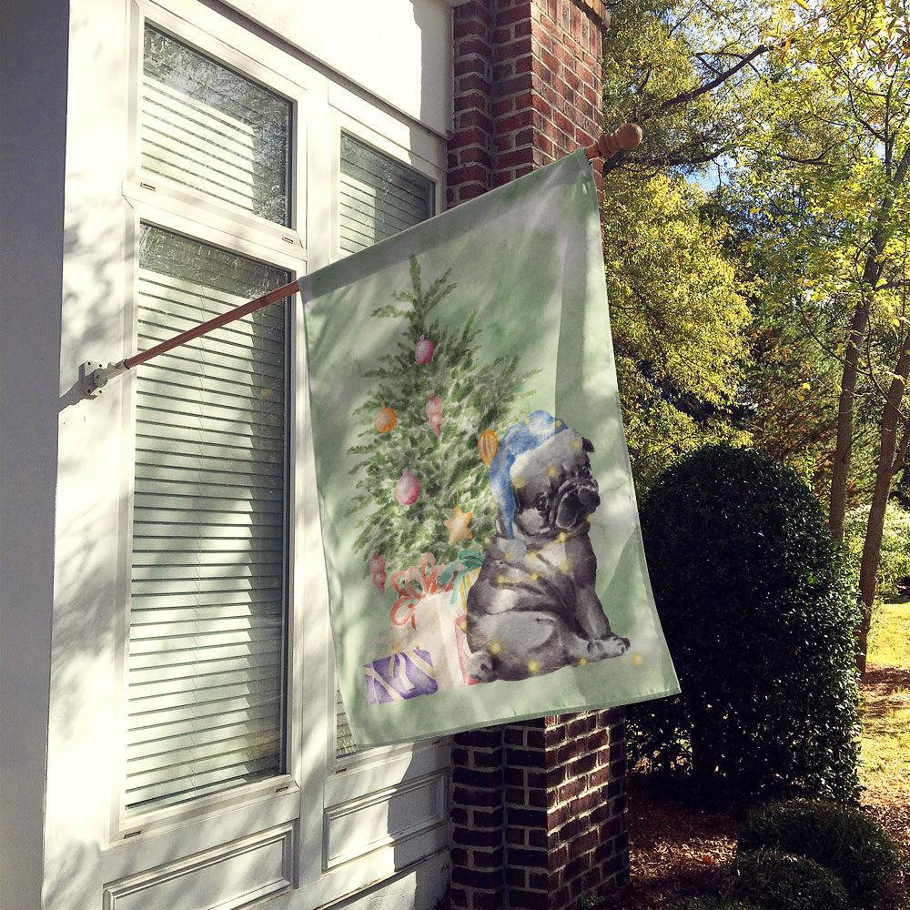 Pug Black Puppy Christmas Presents and Tree House Flag 28x40 Porch Sleeve Pole Decorative Outside Yard Banner Artwork Wall Hanging, Polyester