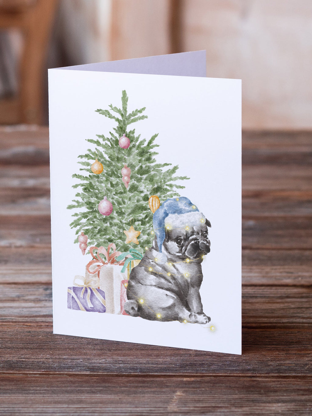 Pug Black Puppy Christmas Presents and Tree Greeting Cards Pack of 8 Blank Cards with Envelopes Whimsical A7 Size 5x7