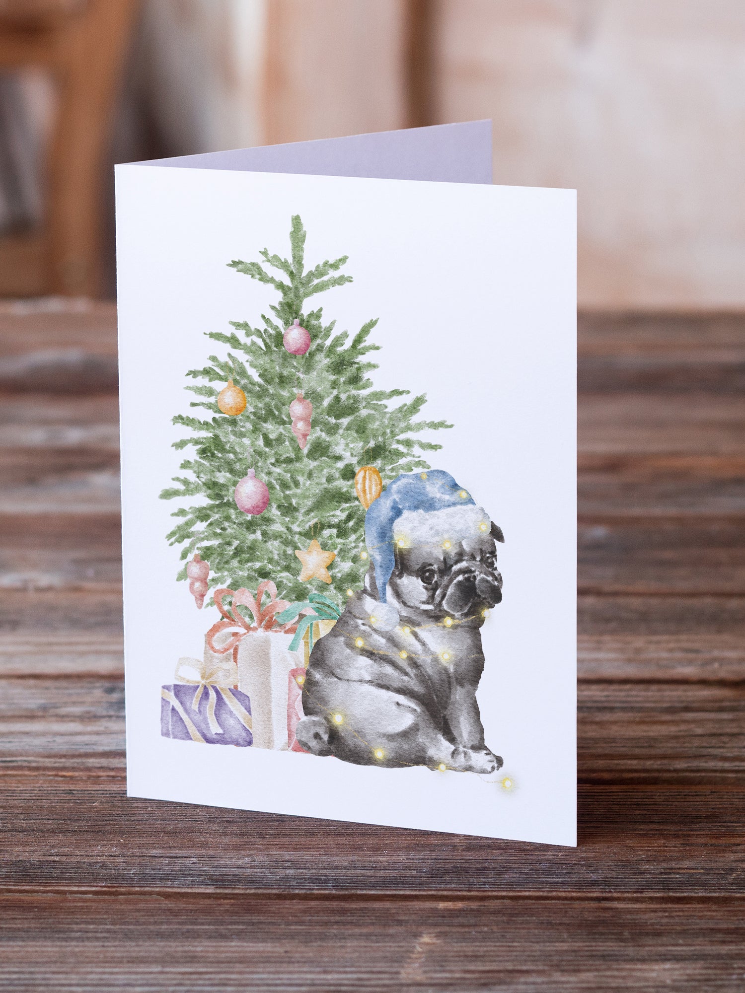 Pug Black Puppy Christmas Presents and Tree Greeting Cards Pack of 8 Blank Cards with Envelopes Whimsical A7 Size 5x7