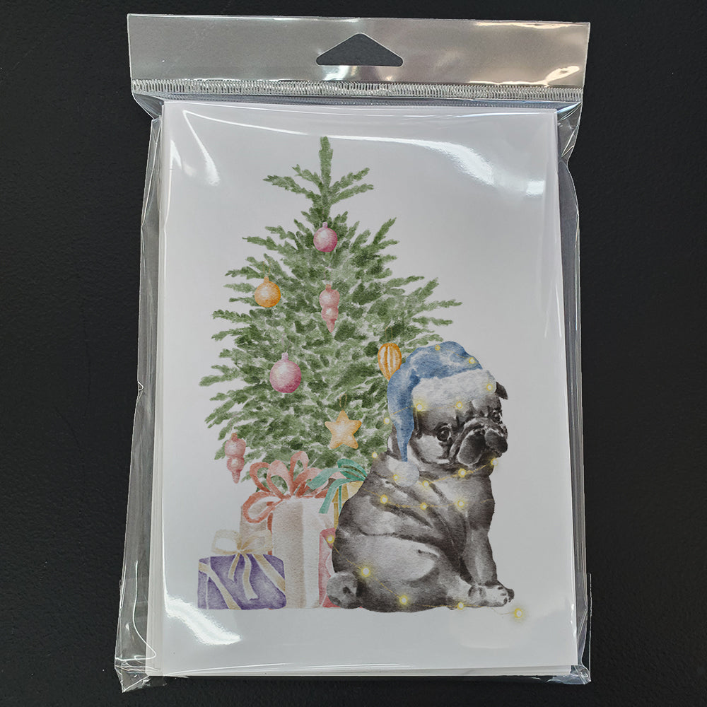 Pug Black Puppy Christmas Presents and Tree Greeting Cards Pack of 8 Blank Cards with Envelopes Whimsical A7 Size 5x7