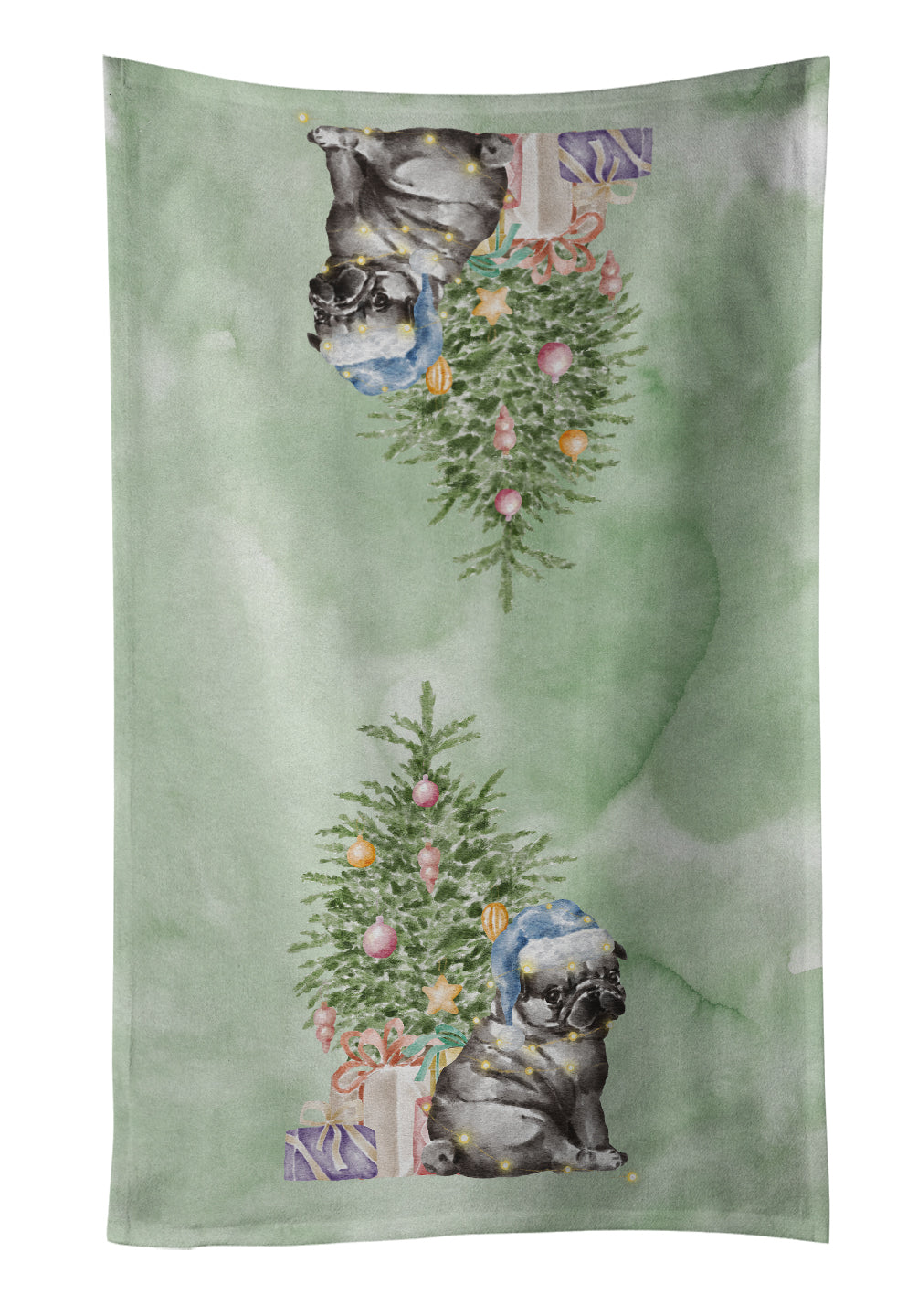 Pug Black Puppy Christmas Presents and Tree Kitchen Towel Velour Plush Front and Cotton Loop Back Machine Washable