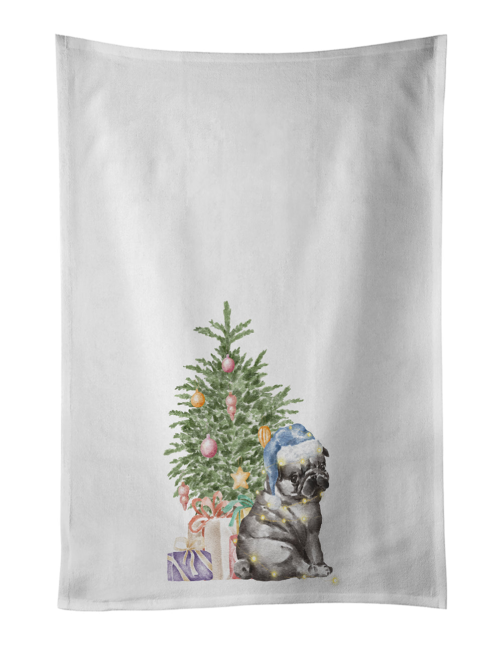 Pug Black Puppy Christmas Presents and Tree Kitchen Towel Set of 2 White Dish Towels Decorative Bathroom Hand towel for Hand, Face, Hair, Yoga, Tea, Dishcloth, 19 X 28", White
