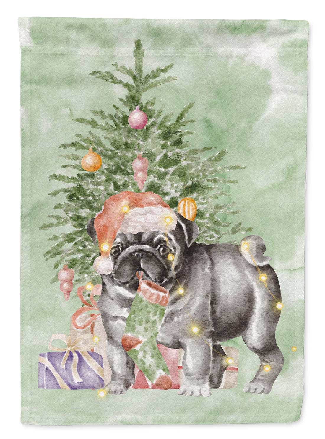 Pug Black #2 Christmas Presents and Tree House Flag 28x40 Porch Sleeve Pole Decorative Outside Yard Banner Artwork Wall Hanging, Polyester