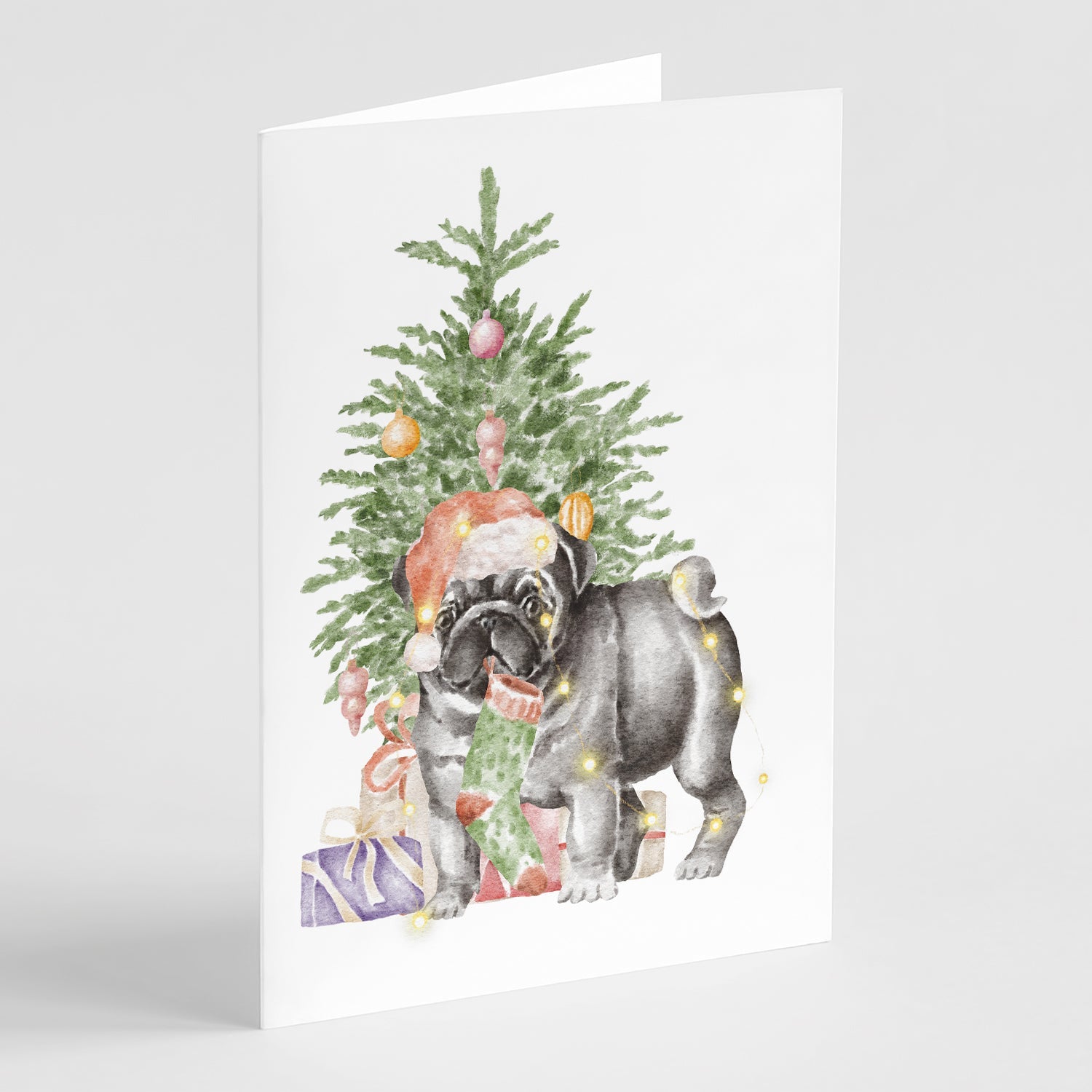 Pug Black #2 Christmas Presents and Tree Greeting Cards Pack of 8 Blank Cards with Envelopes Whimsical A7 Size 5x7