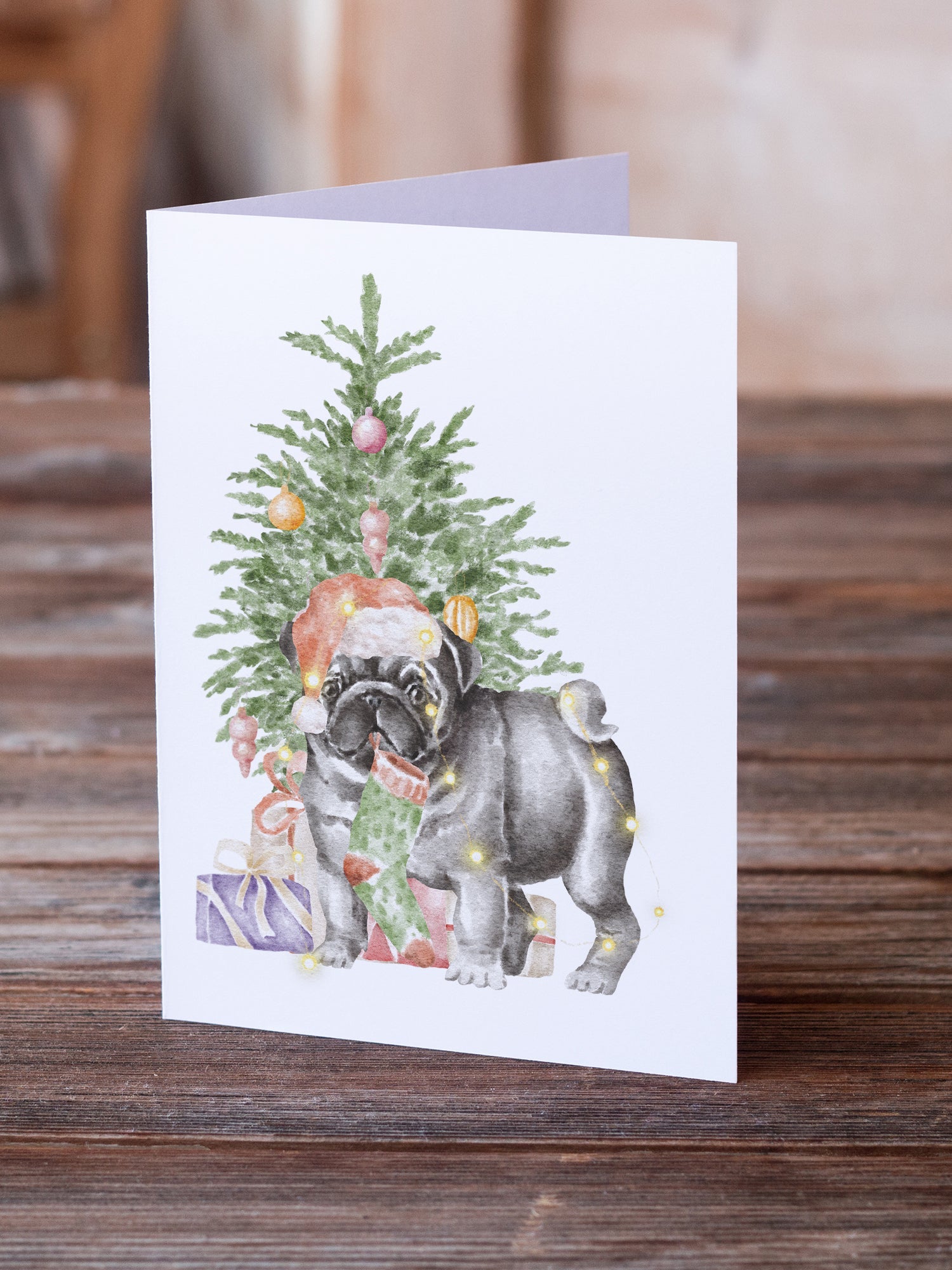Pug Black #2 Christmas Presents and Tree Greeting Cards Pack of 8 Blank Cards with Envelopes Whimsical A7 Size 5x7