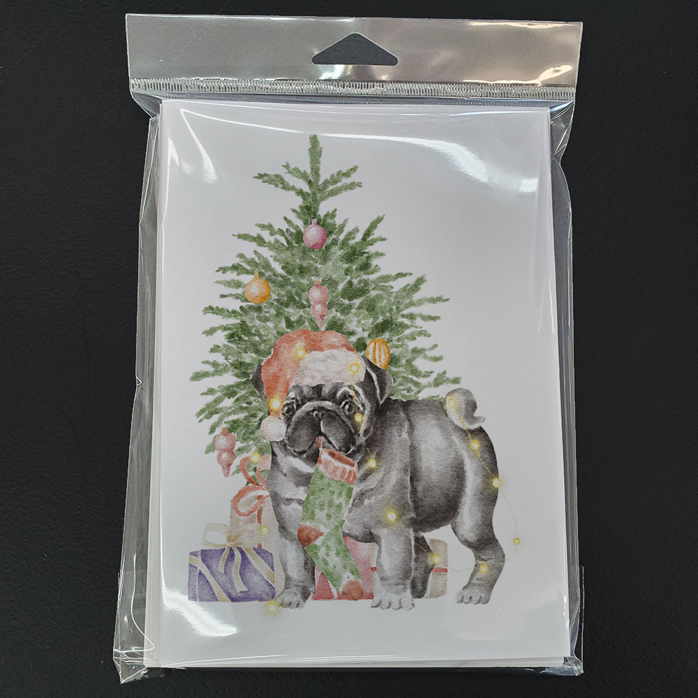 Pug Black #2 Christmas Presents and Tree Greeting Cards Pack of 8 Blank Cards with Envelopes Whimsical A7 Size 5x7