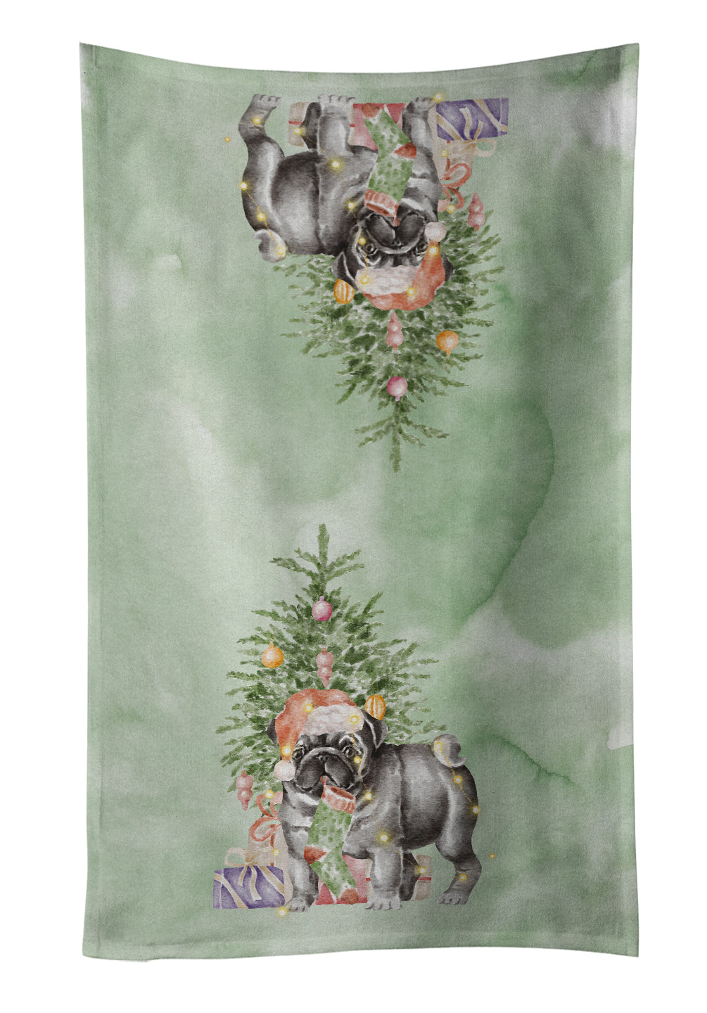 Pug Black #2 Christmas Presents and Tree Kitchen Towel Velour Plush Front and Cotton Loop Back Machine Washable