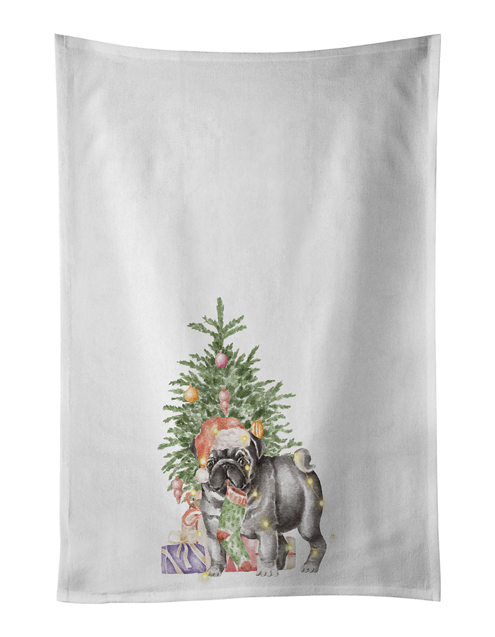 Pug Black #2 Christmas Presents and Tree Kitchen Towel Set of 2 White Dish Towels Decorative Bathroom Hand towel for Hand, Face, Hair, Yoga, Tea, Dishcloth, 19 X 28", White