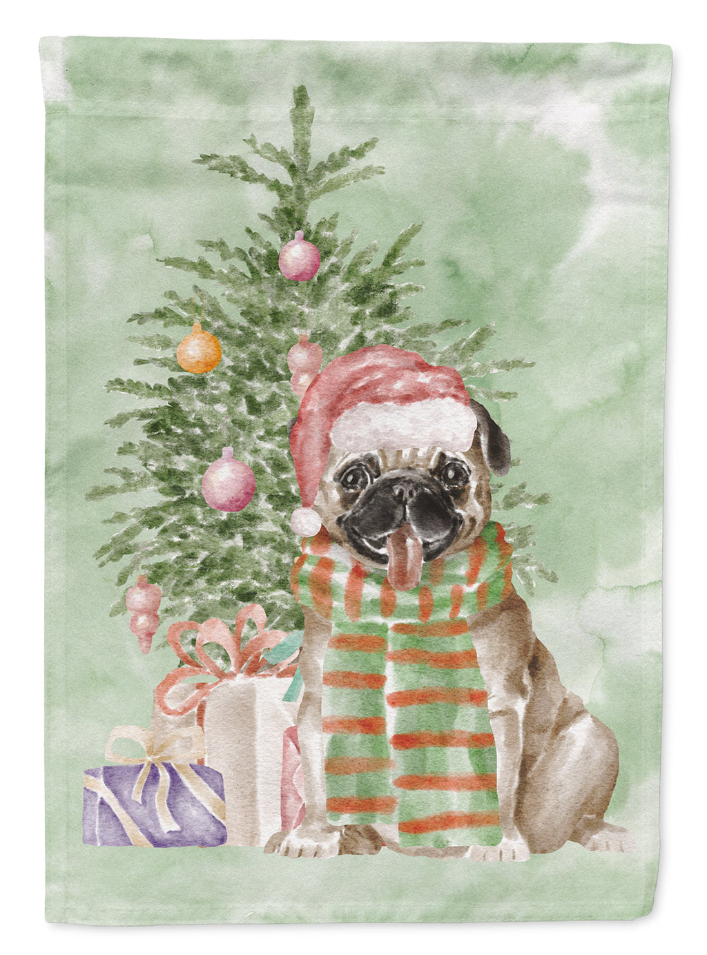 Pug Fawn Christmas Presents and Tree House Flag 28x40 Porch Sleeve Pole Decorative Outside Yard Banner Artwork Wall Hanging, Polyester