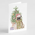 Pug Fawn Christmas Presents and Tree Greeting Cards Pack of 8 Blank Cards with Envelopes Whimsical A7 Size 5x7