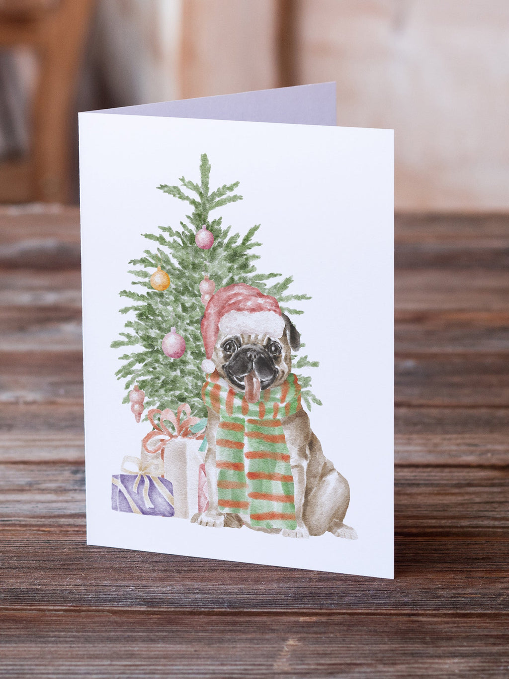 Pug Fawn Christmas Presents and Tree Greeting Cards Pack of 8 Blank Cards with Envelopes Whimsical A7 Size 5x7