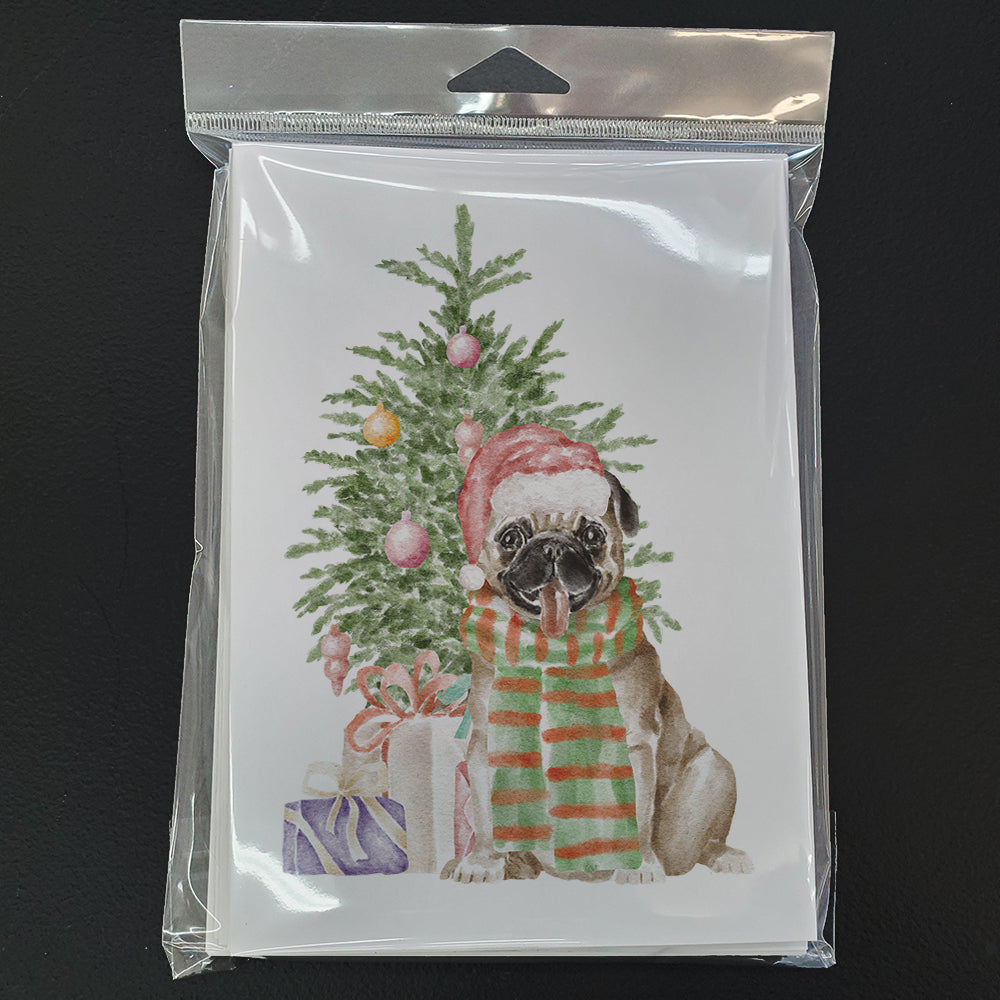 Pug Fawn Christmas Presents and Tree Greeting Cards Pack of 8 Blank Cards with Envelopes Whimsical A7 Size 5x7
