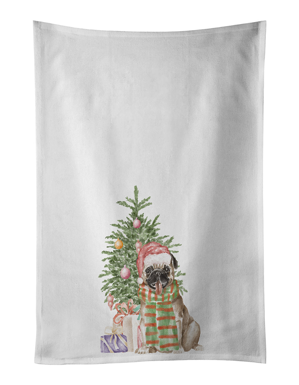 Pug Fawn Christmas Presents and Tree Kitchen Towel Set of 2 White Dish Towels Decorative Bathroom Hand towel for Hand, Face, Hair, Yoga, Tea, Dishcloth, 19 X 28", White
