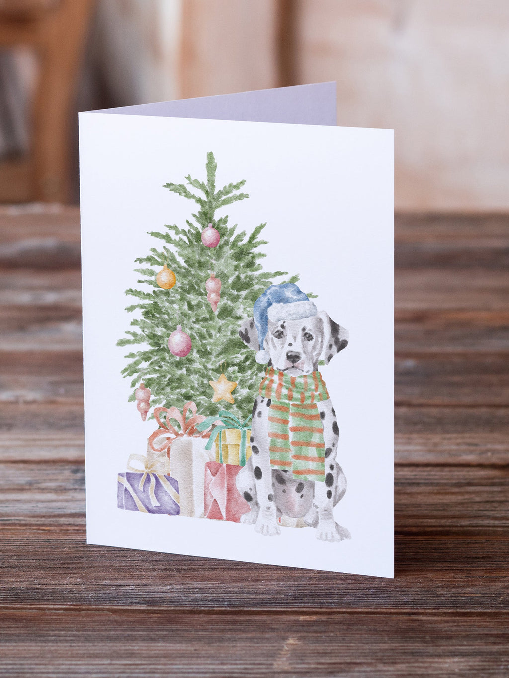 Dalmatian Puppy Christmas Presents and Tree Greeting Cards Pack of 8 Blank Cards with Envelopes Whimsical A7 Size 5x7
