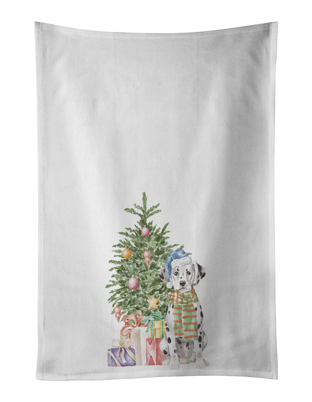 Dalmatian Puppy Christmas Presents and Tree Kitchen Towel Set of 2 White Dish Towels Decorative Bathroom Hand towel for Hand, Face, Hair, Yoga, Tea, Dishcloth, 19 X 28", White