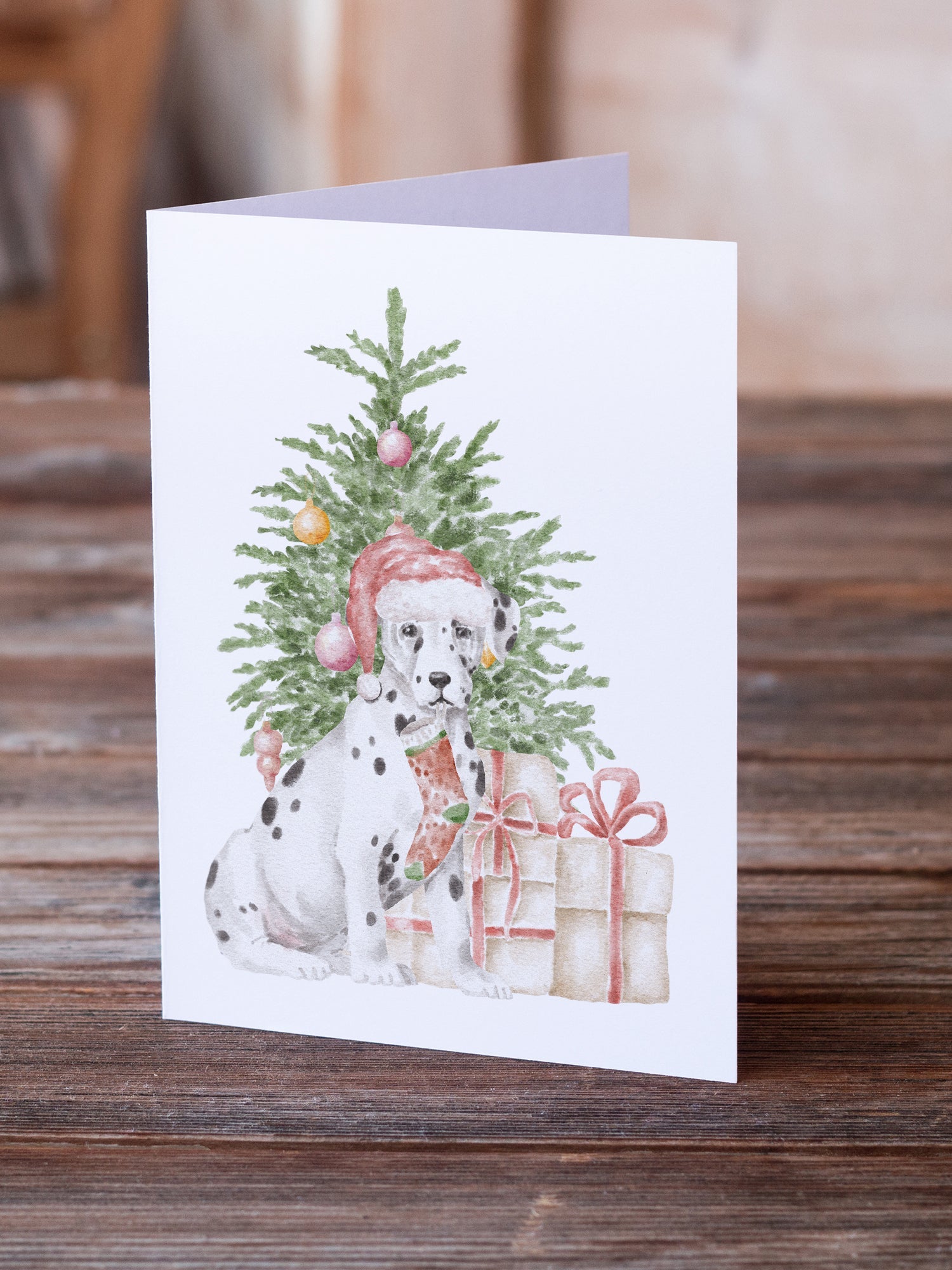 Dalmatian Christmas Presents and Tree Greeting Cards Pack of 8 Blank Cards with Envelopes Whimsical A7 Size 5x7