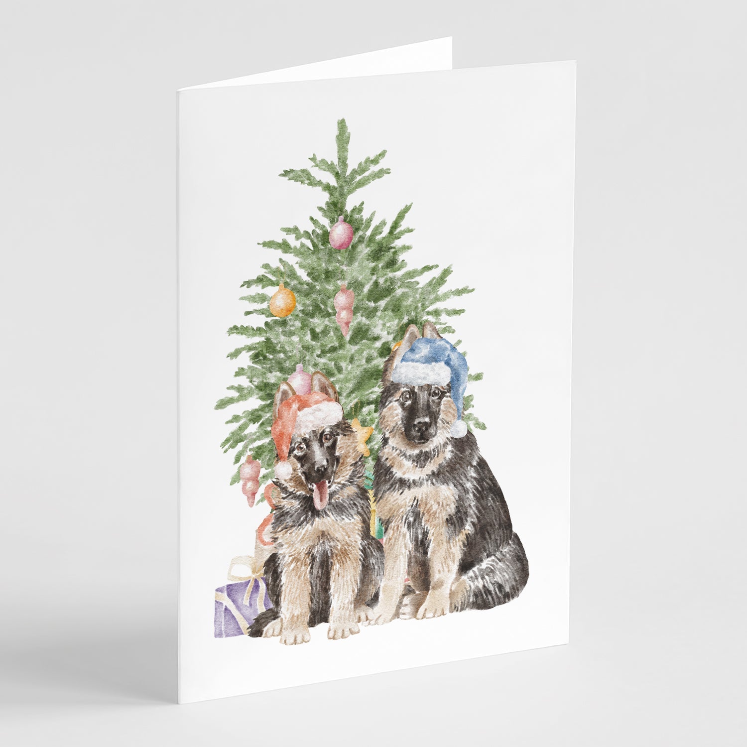 German Shepherd Momma Baby Christmas Presents and Tree Greeting Cards Pack of 8 Blank Cards with Envelopes Whimsical A7 Size 5x7