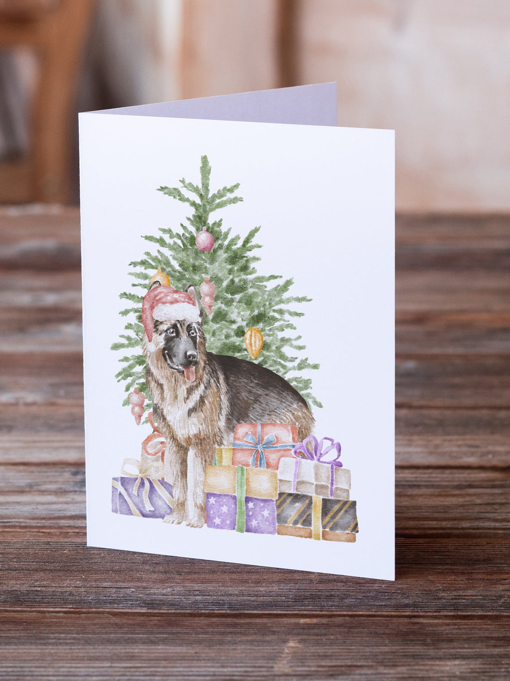 German Shepherd Christmas Presents and Tree Greeting Cards Pack of 8 Blank Cards with Envelopes Whimsical A7 Size 5x7