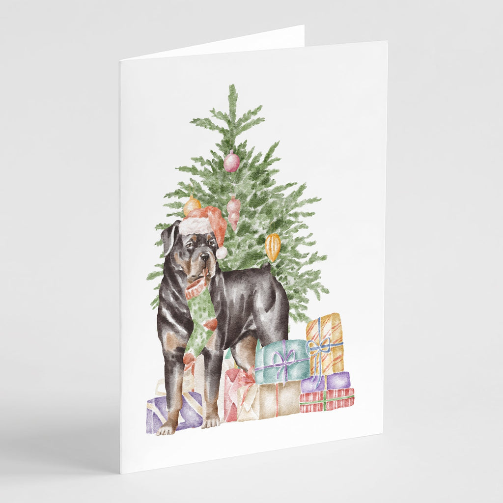 Rottweiler Christmas Presents and Tree Greeting Cards Pack of 8 Blank Cards with Envelopes Whimsical A7 Size 5x7