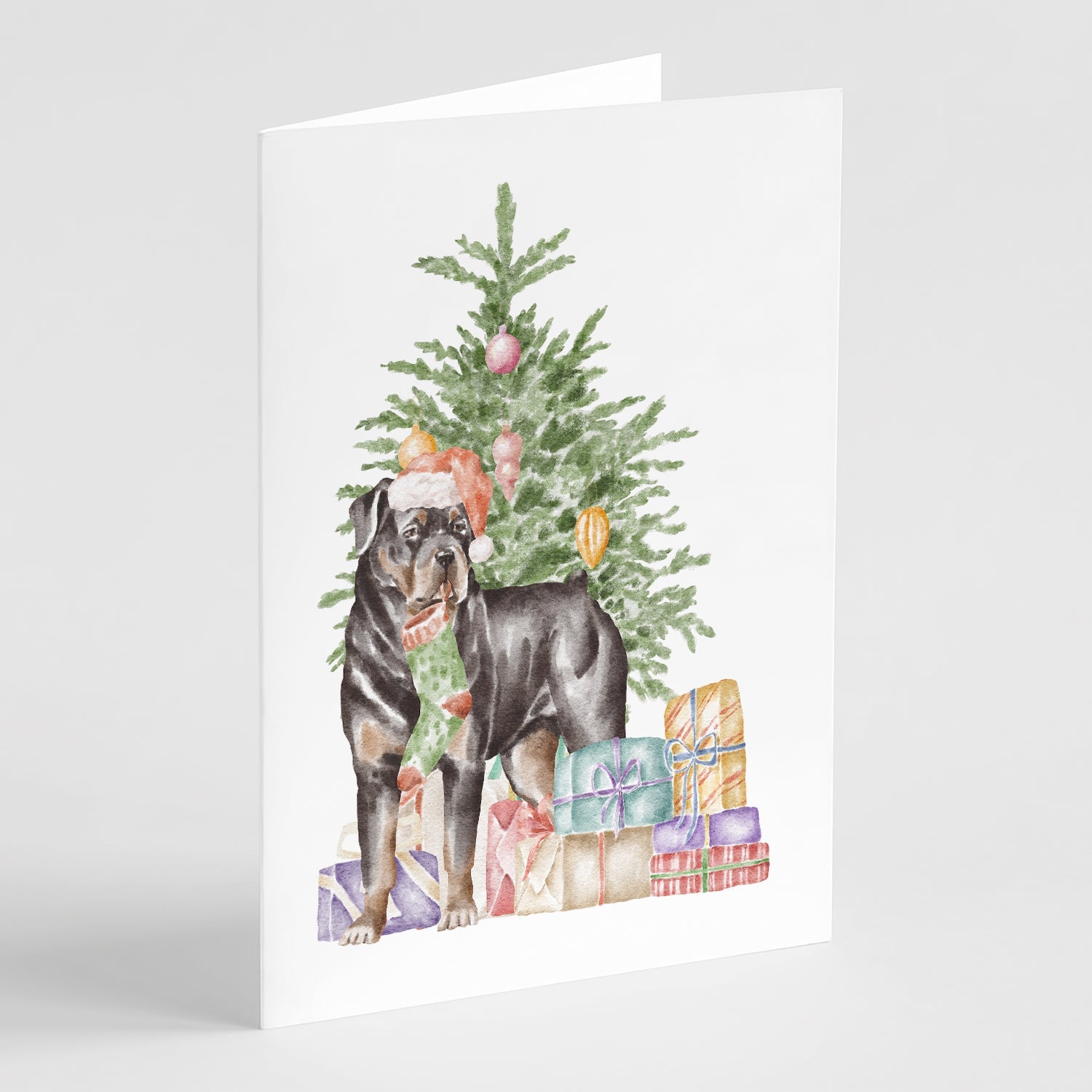 Rottweiler Christmas Presents and Tree Greeting Cards Pack of 8 Blank Cards with Envelopes Whimsical A7 Size 5x7