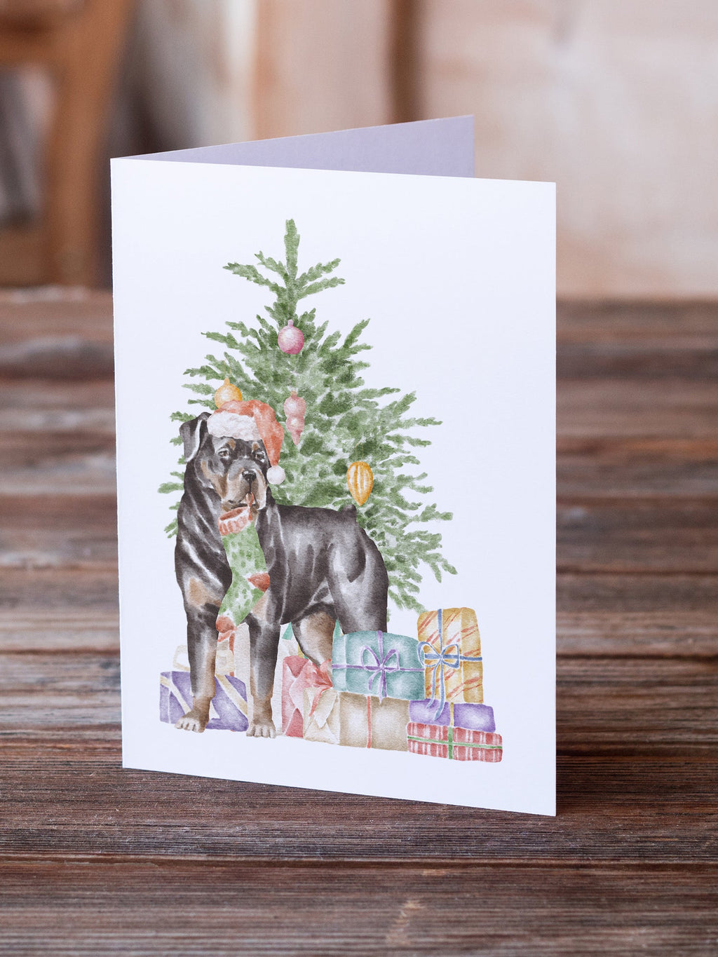 Rottweiler Christmas Presents and Tree Greeting Cards Pack of 8 Blank Cards with Envelopes Whimsical A7 Size 5x7