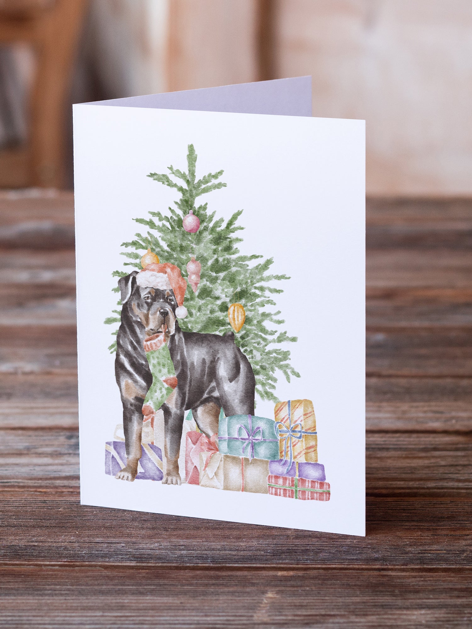 Rottweiler Christmas Presents and Tree Greeting Cards Pack of 8 Blank Cards with Envelopes Whimsical A7 Size 5x7