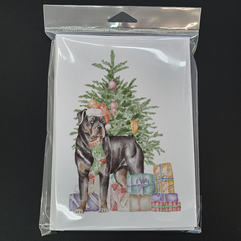 Rottweiler Christmas Presents and Tree Greeting Cards Pack of 8 Blank Cards with Envelopes Whimsical A7 Size 5x7