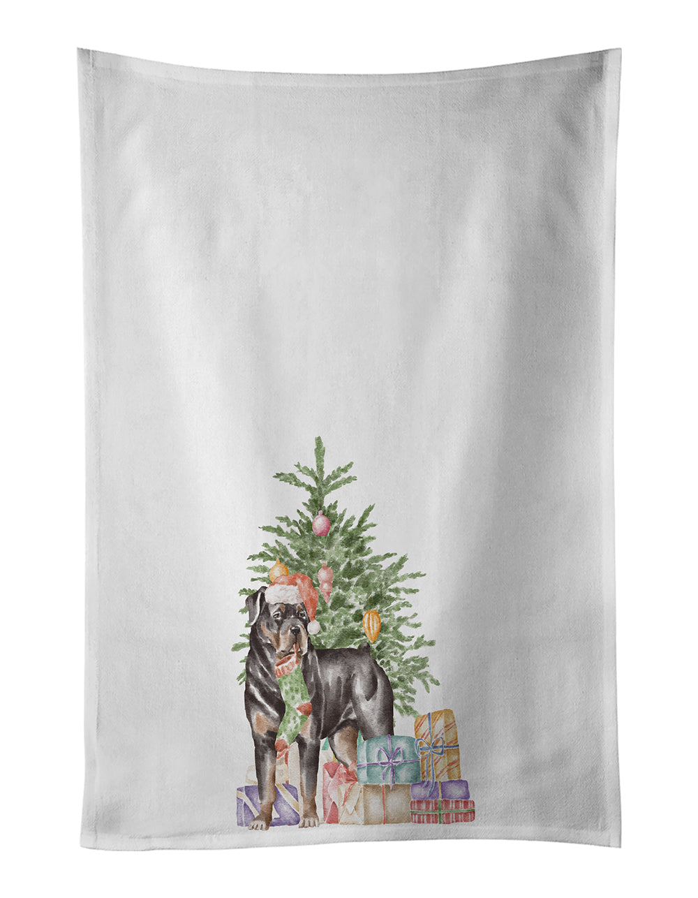 Rottweiler Christmas Presents and Tree Kitchen Towel Set of 2 White Dish Towels Decorative Bathroom Hand towel for Hand, Face, Hair, Yoga, Tea, Dishcloth, 19 X 28", White