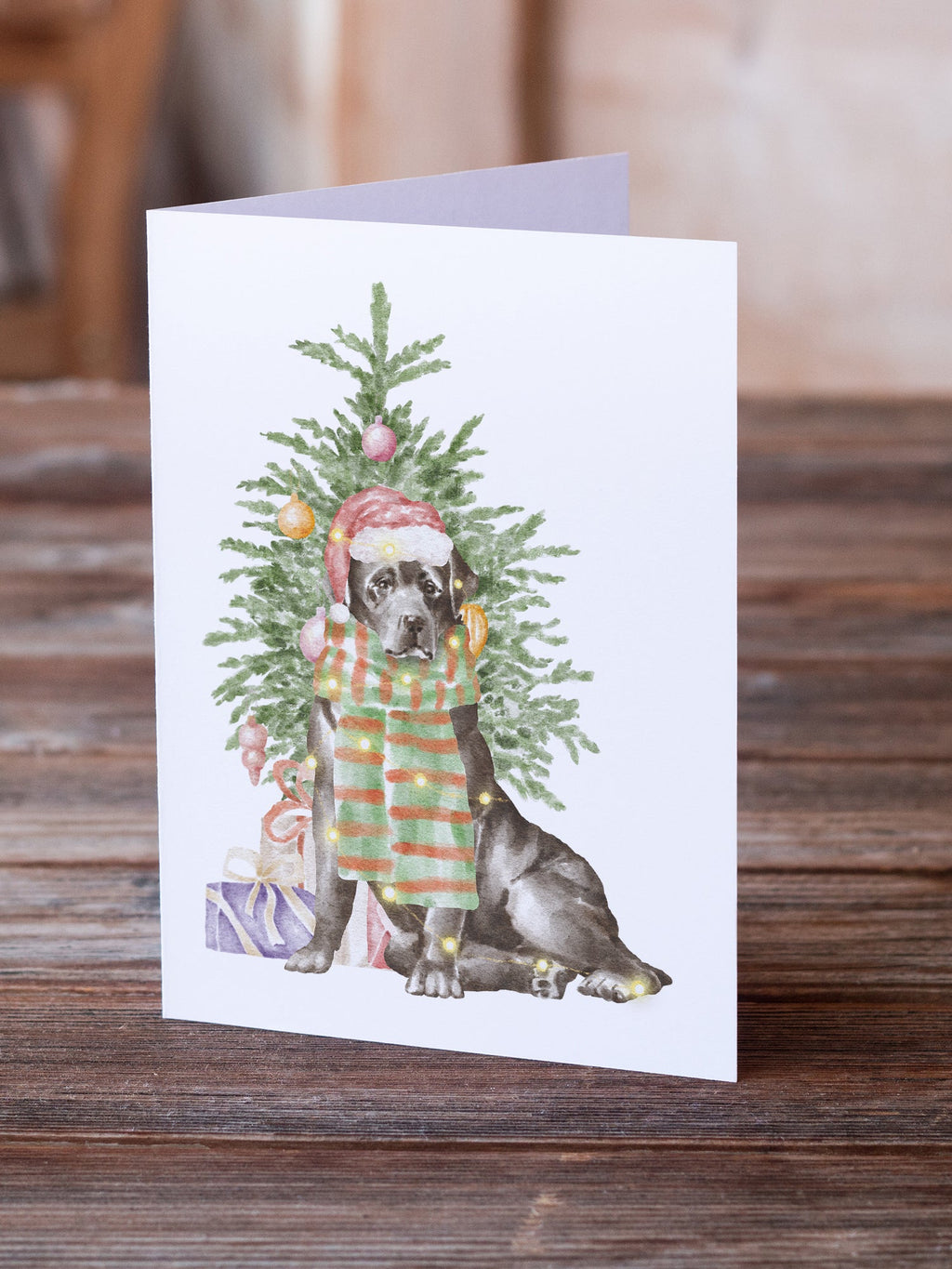 Labrador Retriever Black Christmas Presents and Tree Greeting Cards Pack of 8 Blank Cards with Envelopes Whimsical A7 Size 5x7